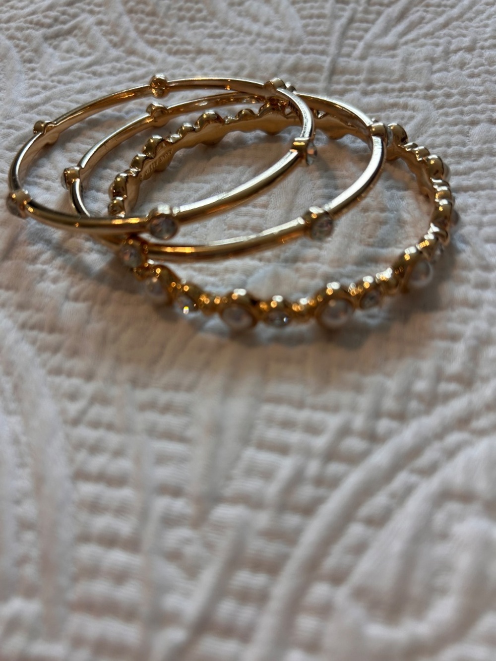 Three Anne Klein Gold Tone Rhinestone and Pearl Bangle Bracelet Set - Picture 6 of 7